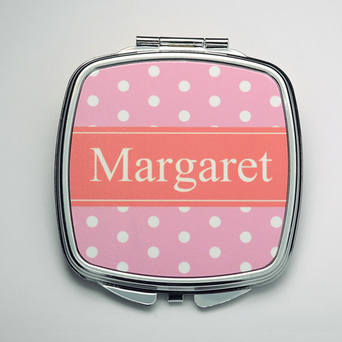 Personalized Pink Polka Dot Compact Make Up Mirror