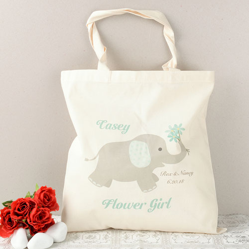 Aqua Elephant Flower Girl Personalized Cotton Tote Bag
