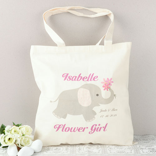 Pink Elephant Flower Girl Personalized Cotton Tote Bag