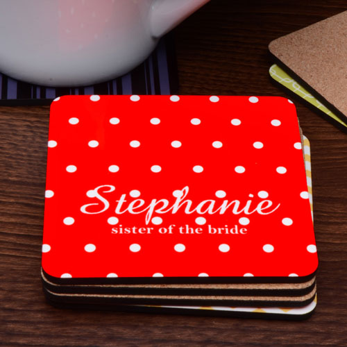 Monogrammed Polka Dots Personalized Cork Coaster Red